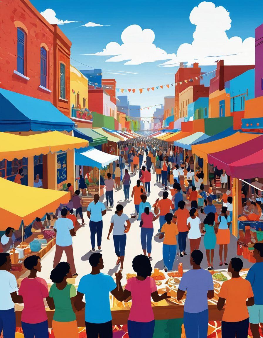 A vibrant community gathering with diverse individuals engaging in cultural activities, surrounded by colorful stalls showcasing local crafts and foods. In the background, a mural representing unity and diversity enhances the atmosphere. People are sharing stories, dancing, and collaborating on projects that highlight community enrichment. The sky is bright and sunny, symbolizing positivity and growth. vector art. vibrant colors.